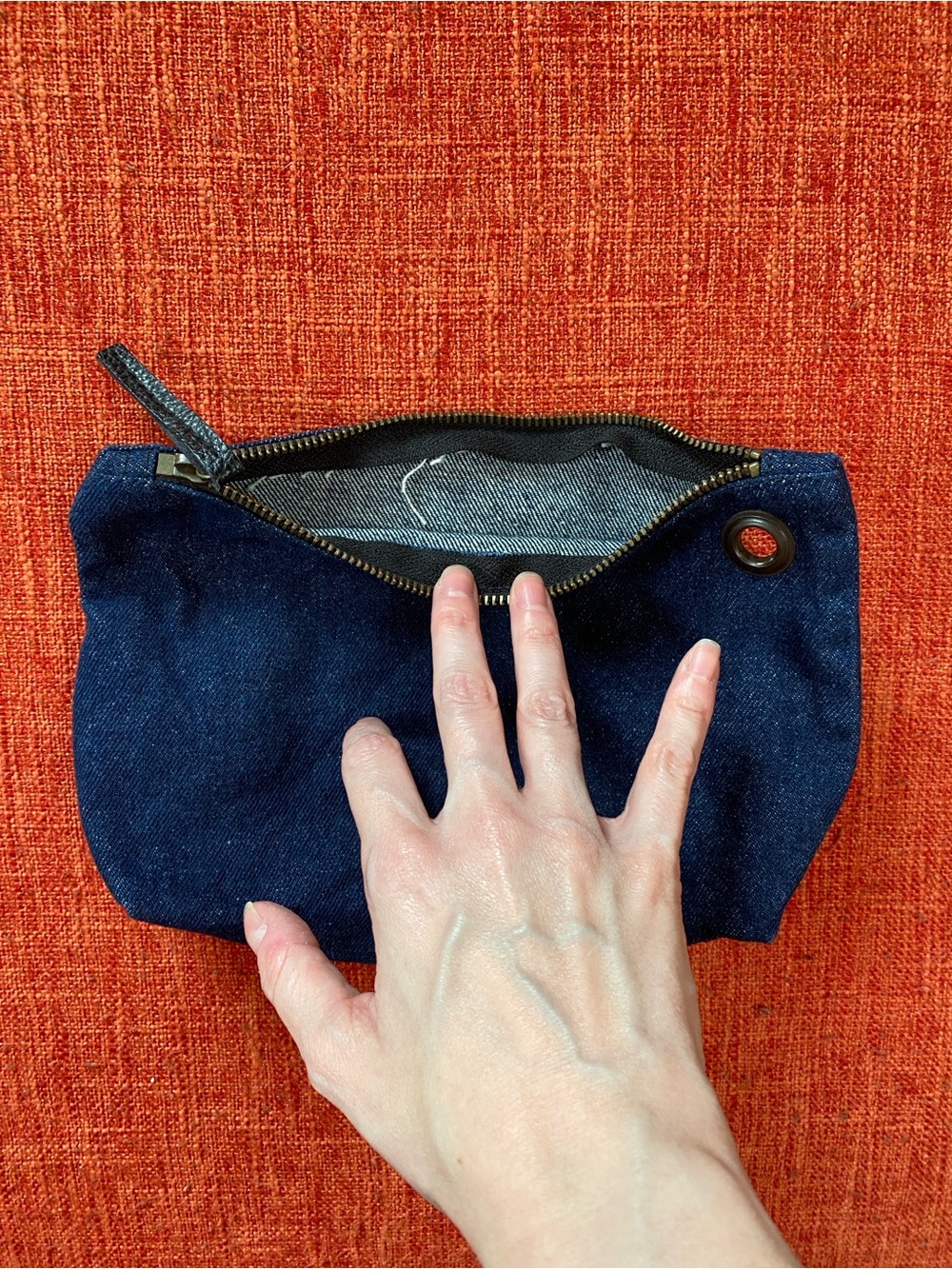 Dark Denim Jean Make Up Travel Bag Pouch Brown Leather Trim - Picture 3 of 10